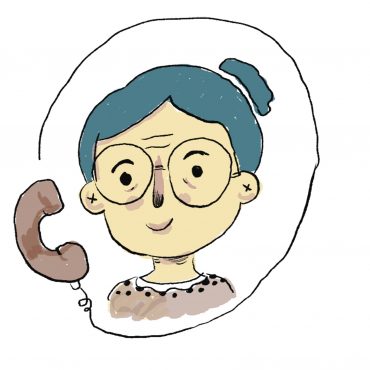 Eine Zeichnung einer älteren Frau. Vor ihrem Gesicht ist das Telefon. Das Kabel rahmt ihren Kopf ein.